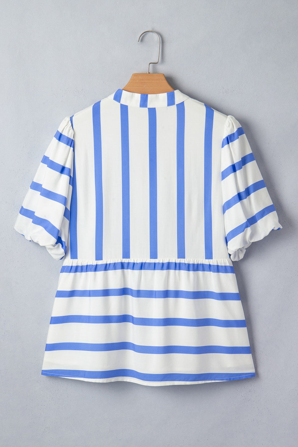 Sky Blue Stripe Split V Neck Puff Sleeve Summer Blouse