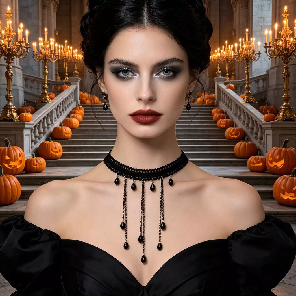 Gothic Lace Choker Necklace with Teardrop Dangle Charms