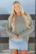 Green Bay Twist Ribbed Exposed Seam Detail Long Sleeve Loose Top