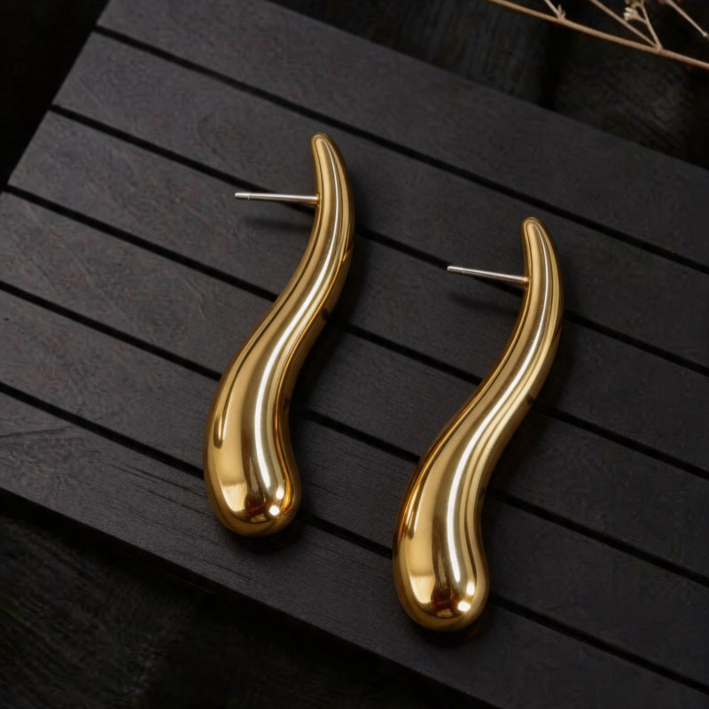 Womens Minimalist Twisted Curved Metal Dangle Earrings,Smooth Gold Tone Curved Bar Earrings For Beach Vacation Daily Wear
