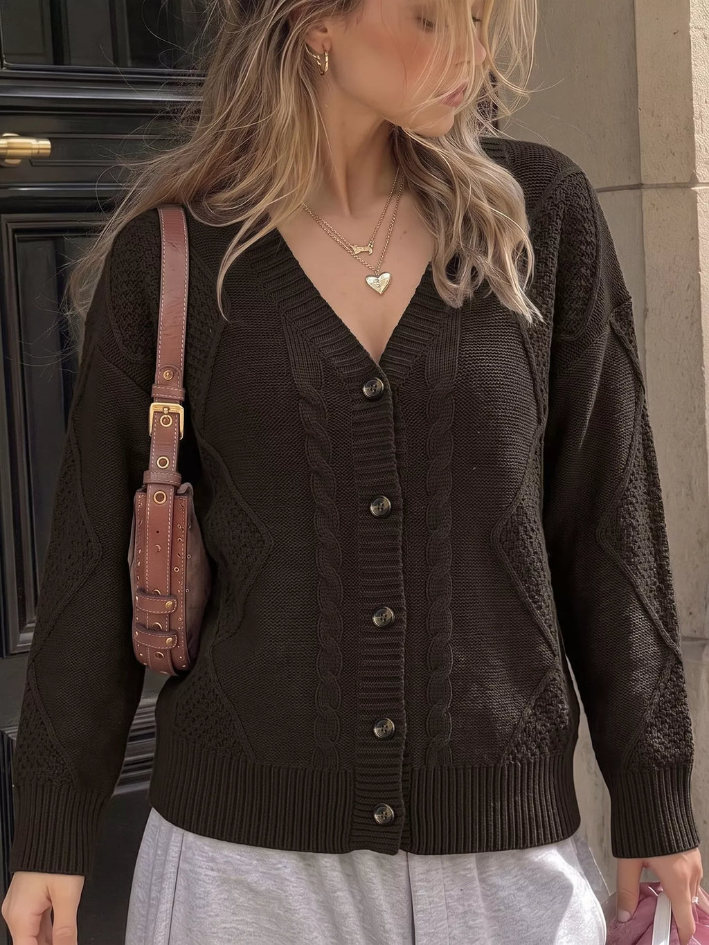 V-Neck Cable Knit Button-Down Cardigan