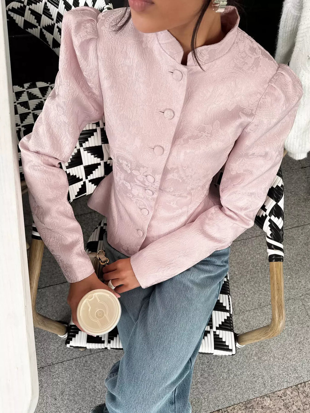 Jacquard Peplum Puff Sleeve Outerwear