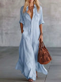 Full Size Button Front Roll-Up Sleeve Maxi Dress Plus Size