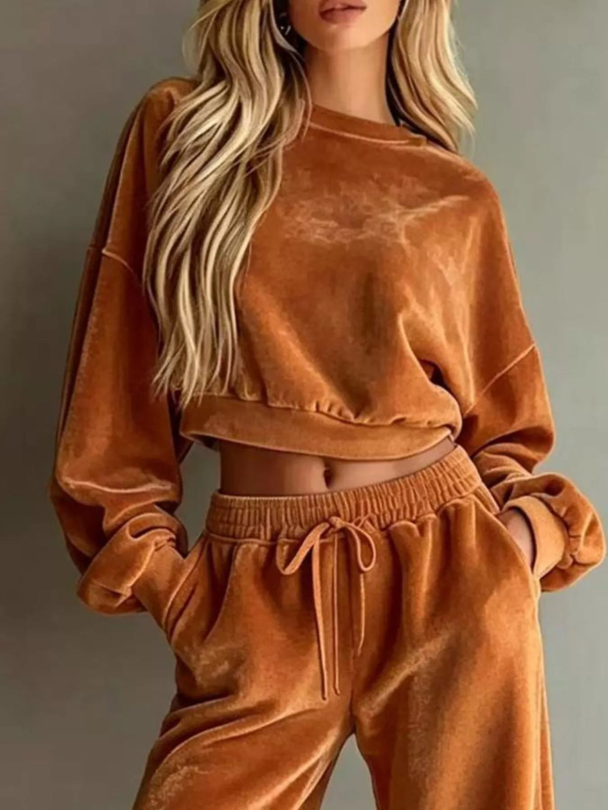 Full Size Cropped Sweatshirt and Wide-Leg Pants Set Plus Size