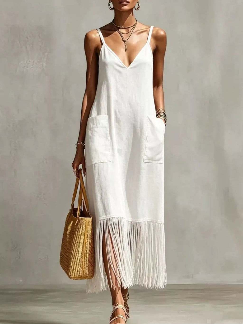 Full Size Fringe V-Neck Spaghetti Strap Dress Plus Size