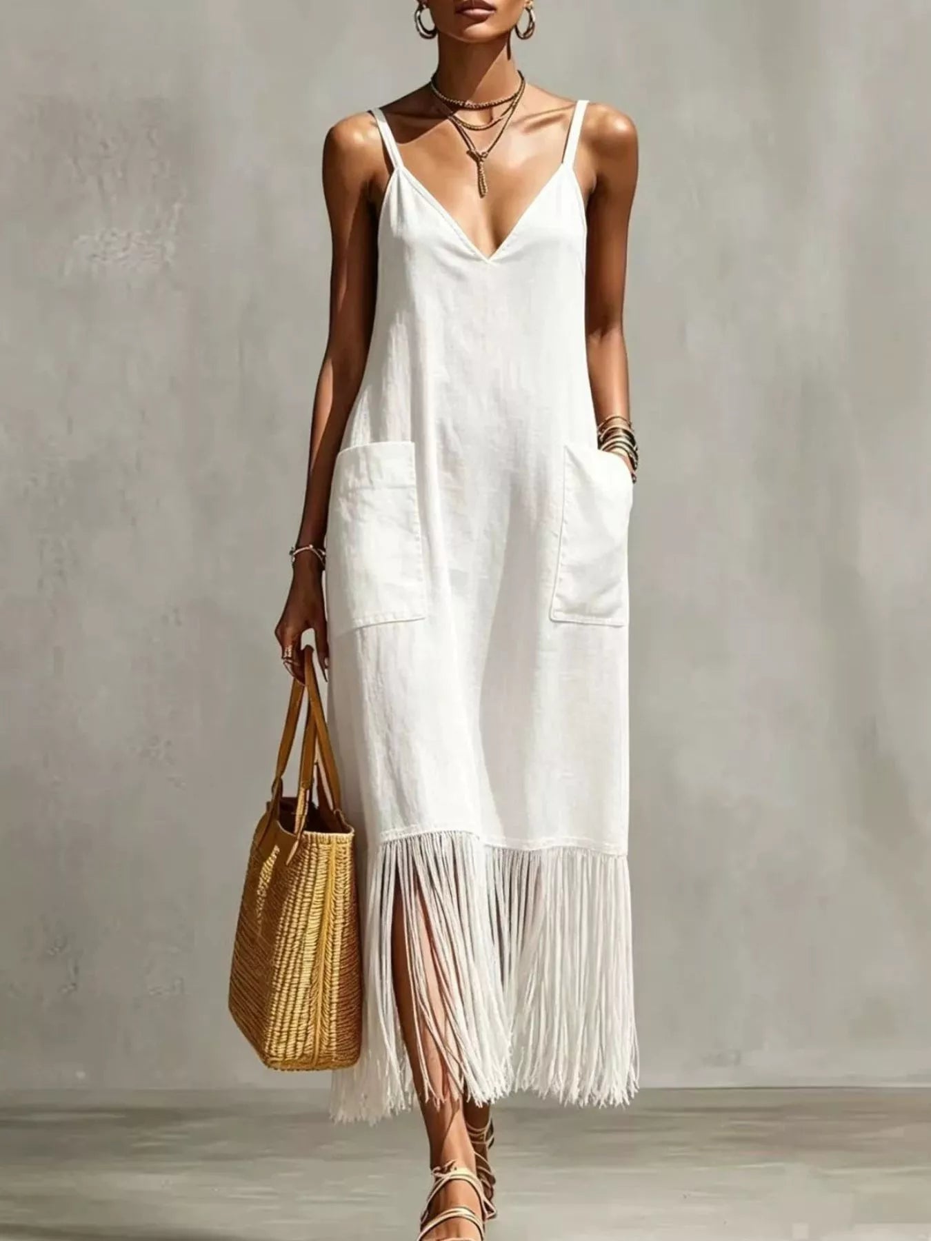 Full Size Fringe V-Neck Spaghetti Strap Dress Plus Size