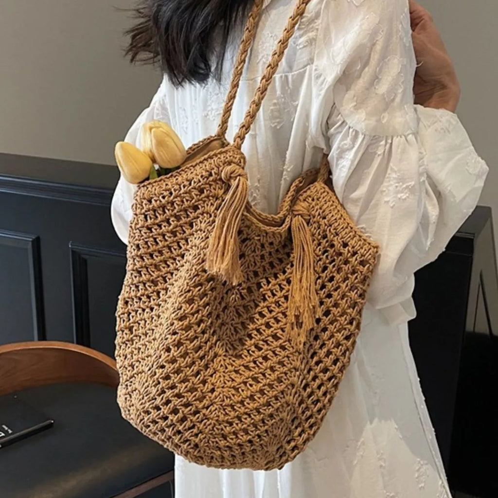 Crochet Shoulder Bag with Tassel Accents