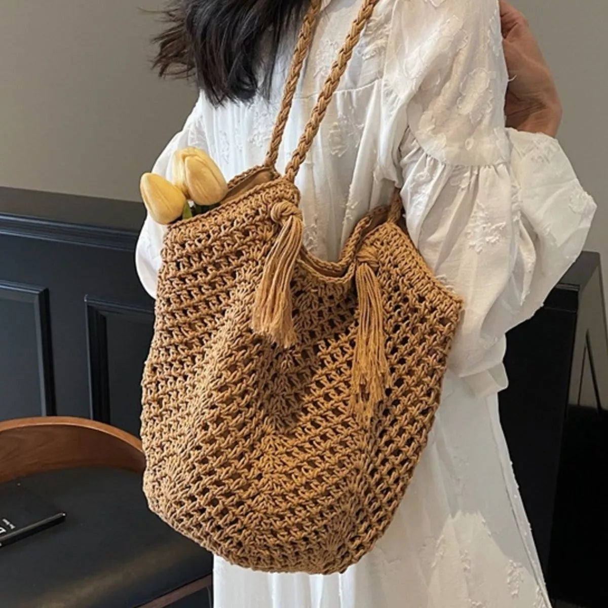 Crochet Shoulder Bag with Tassel Accents