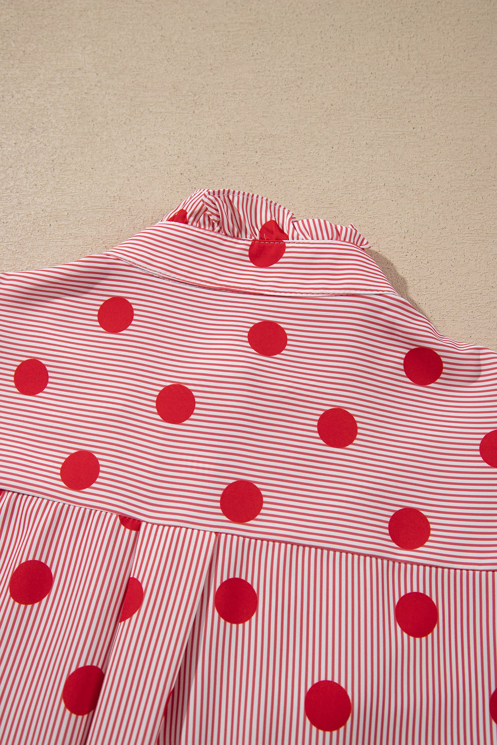 Sky Blue Polka Dot Print Ruffle Stand Neck 3/4 Sleeve Shift Shirt