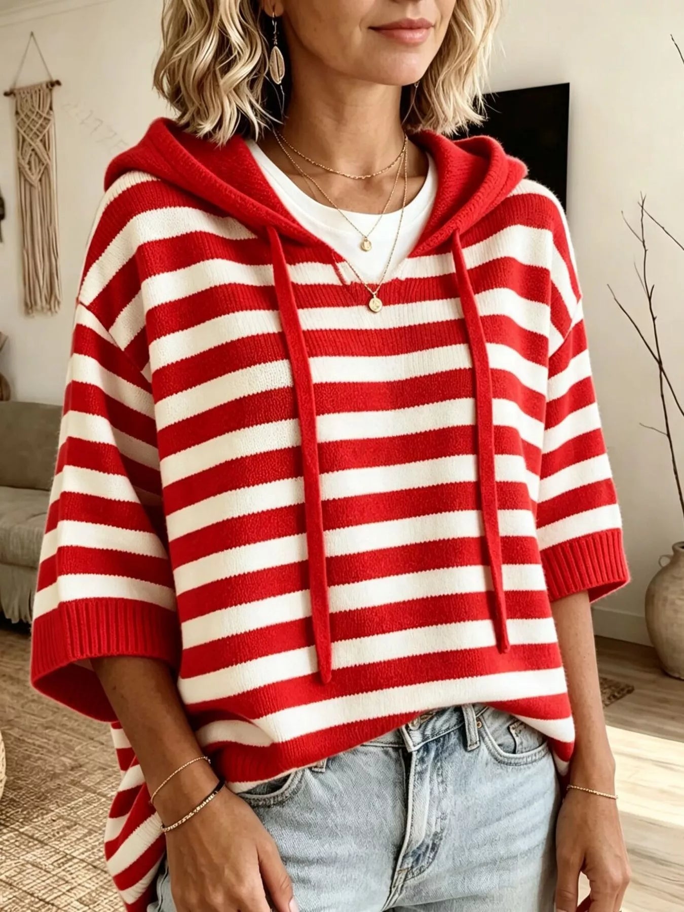 Full Size Drawstring Striped Hooded Sweater Plus Size