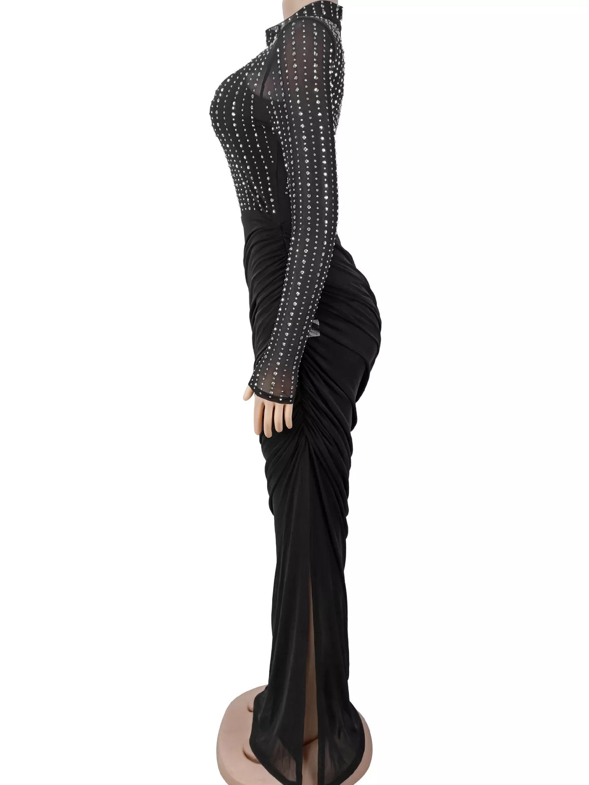 Rhinestone Mock Neck Ruched Maxi Dress
