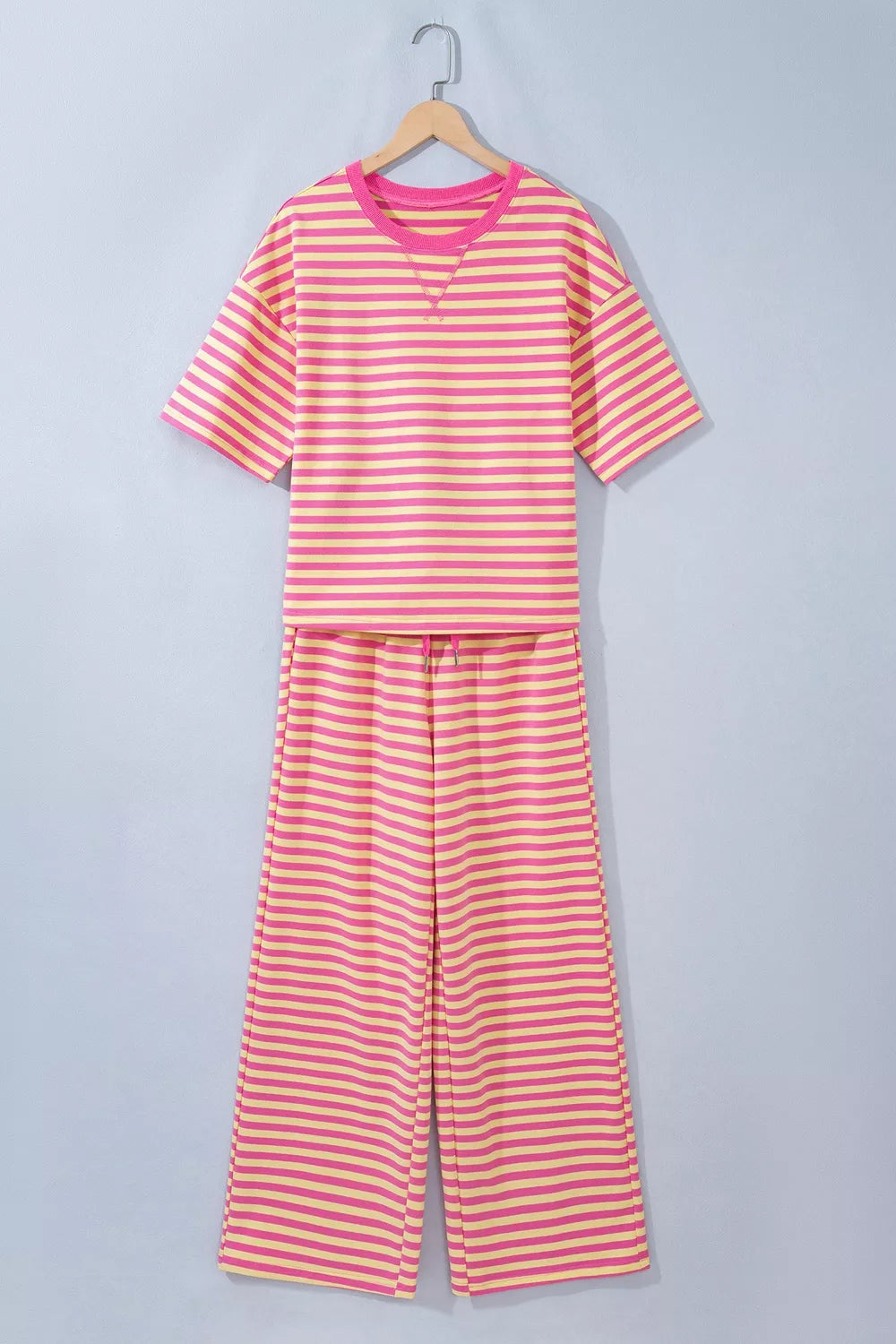 Stripe Colorblock Trim Crew Neck Loose Tee Drawstring Elastic Waist 2pcs Pant Set