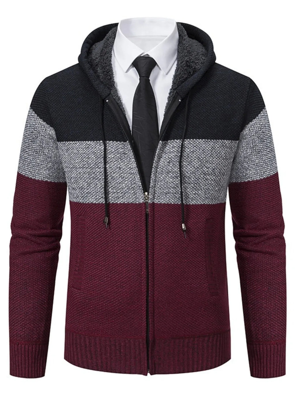 Men's Plus Size Color Block Hooded Zip-Up Cardigan