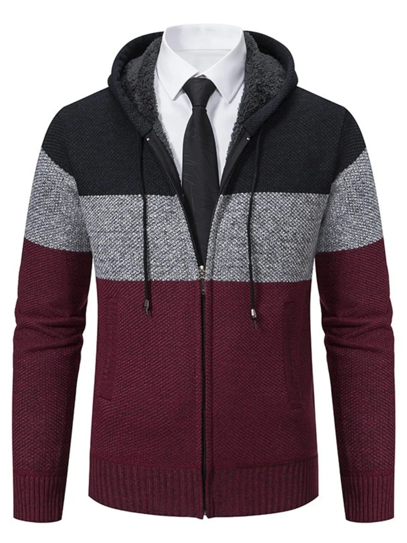 Men's Plus Size Color Block Hooded Zip-Up Cardigan