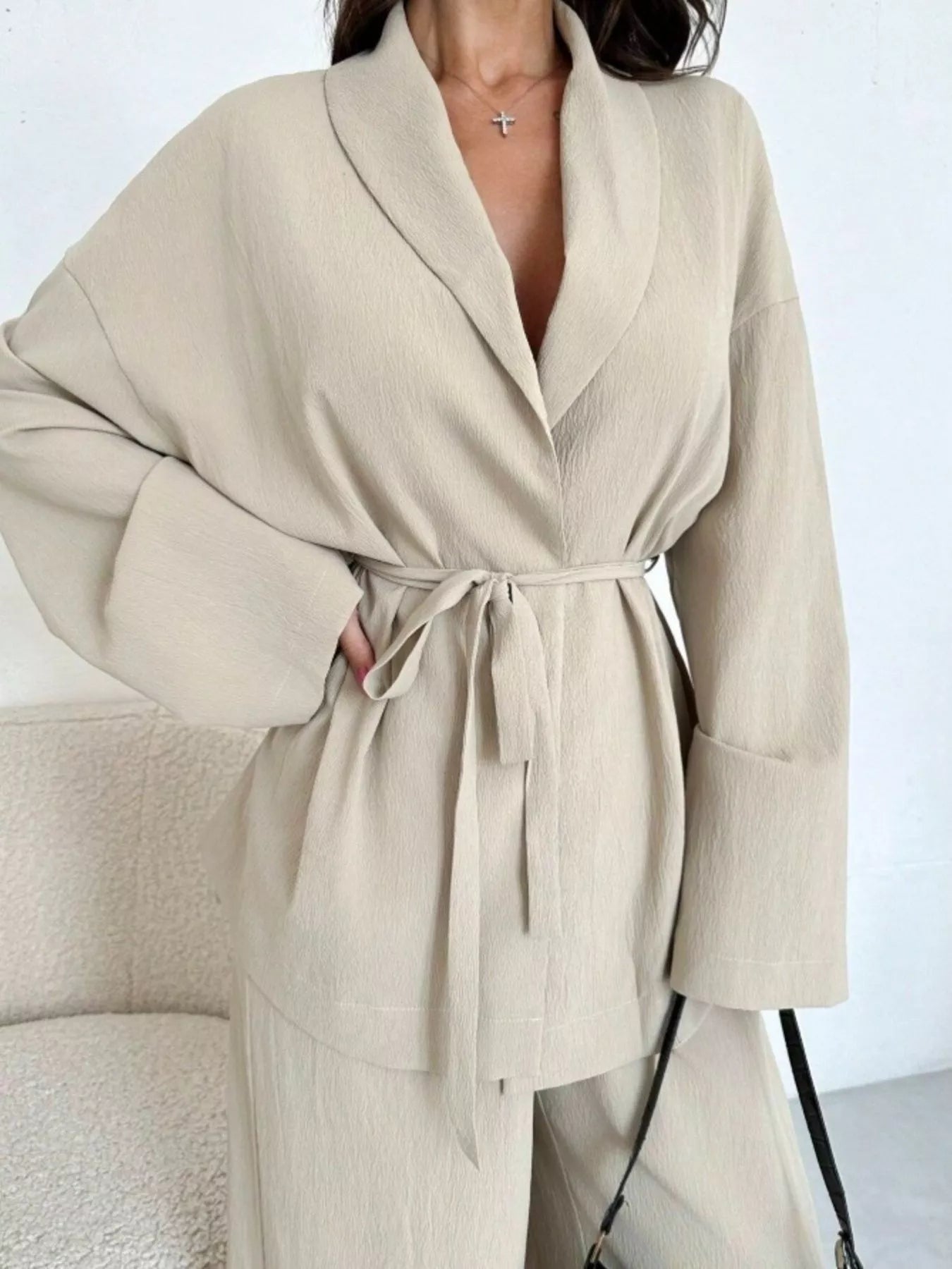 Textured Tie Waist Top and Wide-Leg Pants Set