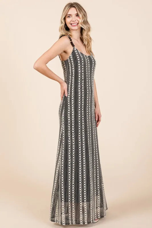 Striped Scoop Neck Beaded Strap Maxi Cami Dress