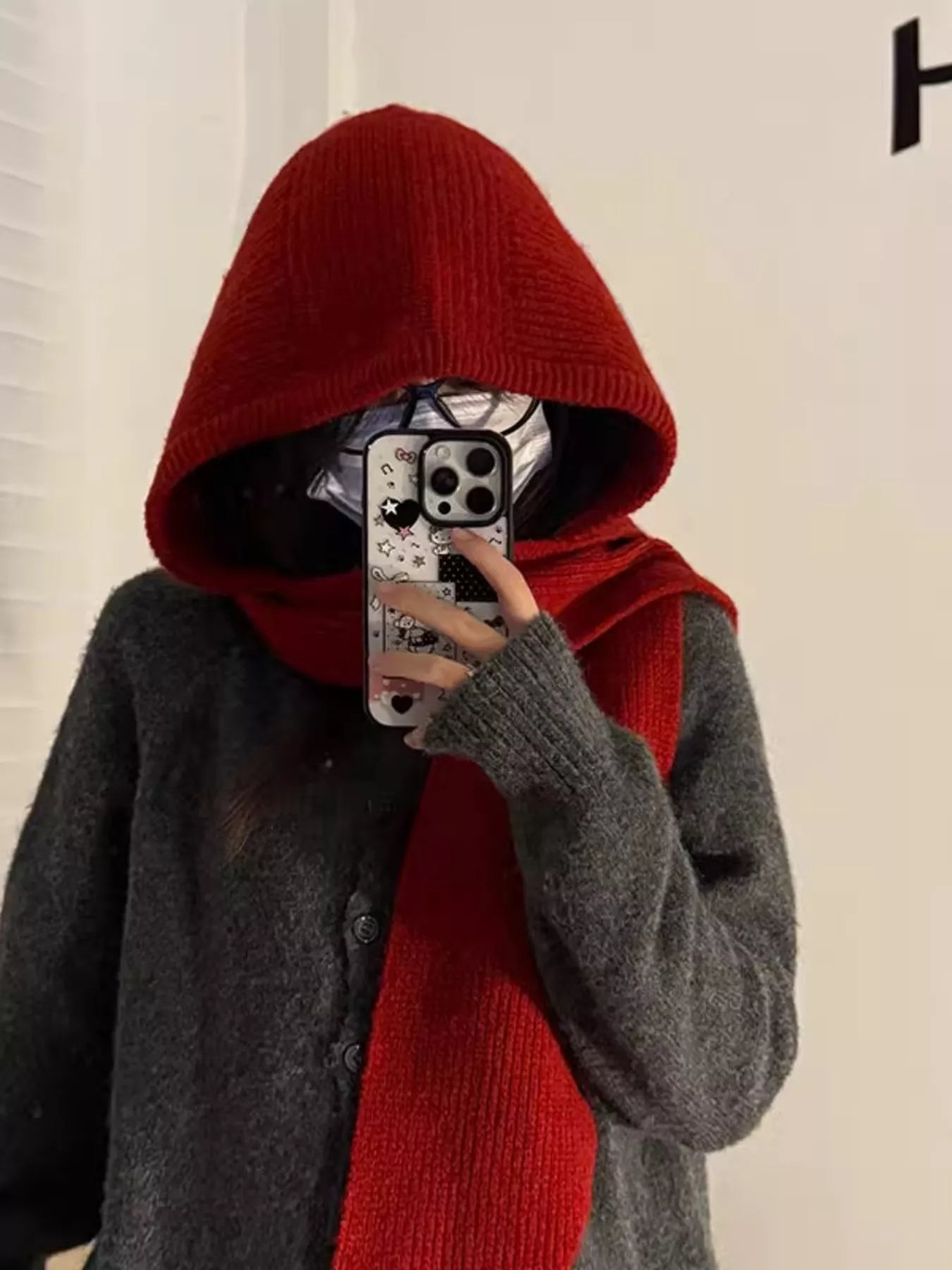 Knitted Hat with Attached Scarf