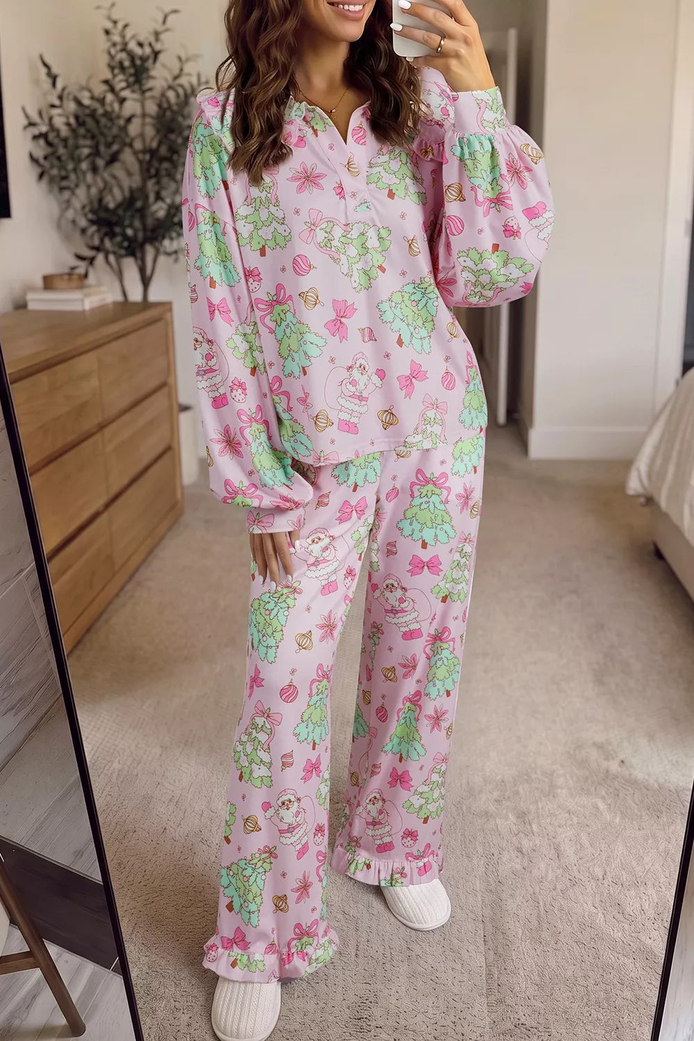 Christmas Print Button Front Long Sleeve Lounge Set