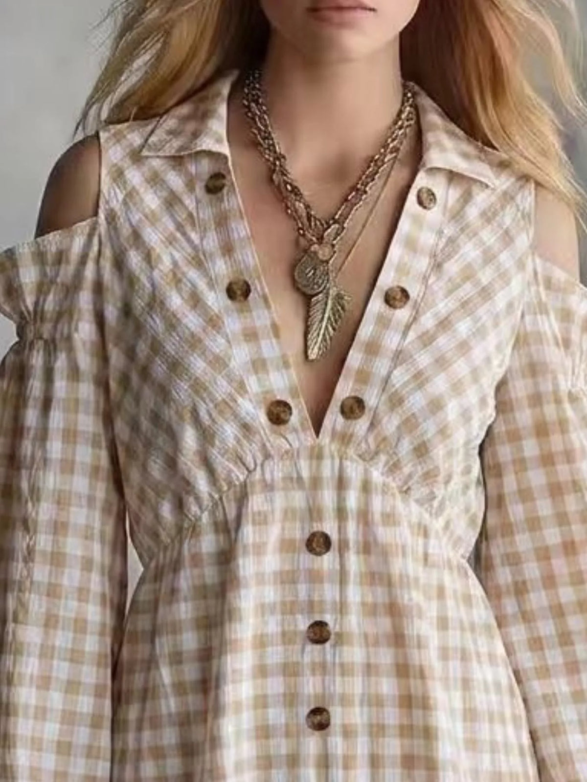 Gingham Cold-Shoulder Mini Dress
