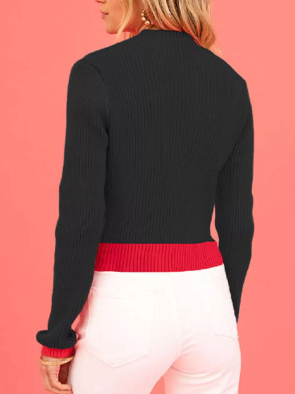 Color-Block Heart Pattern Ribbed Knit Sweater
