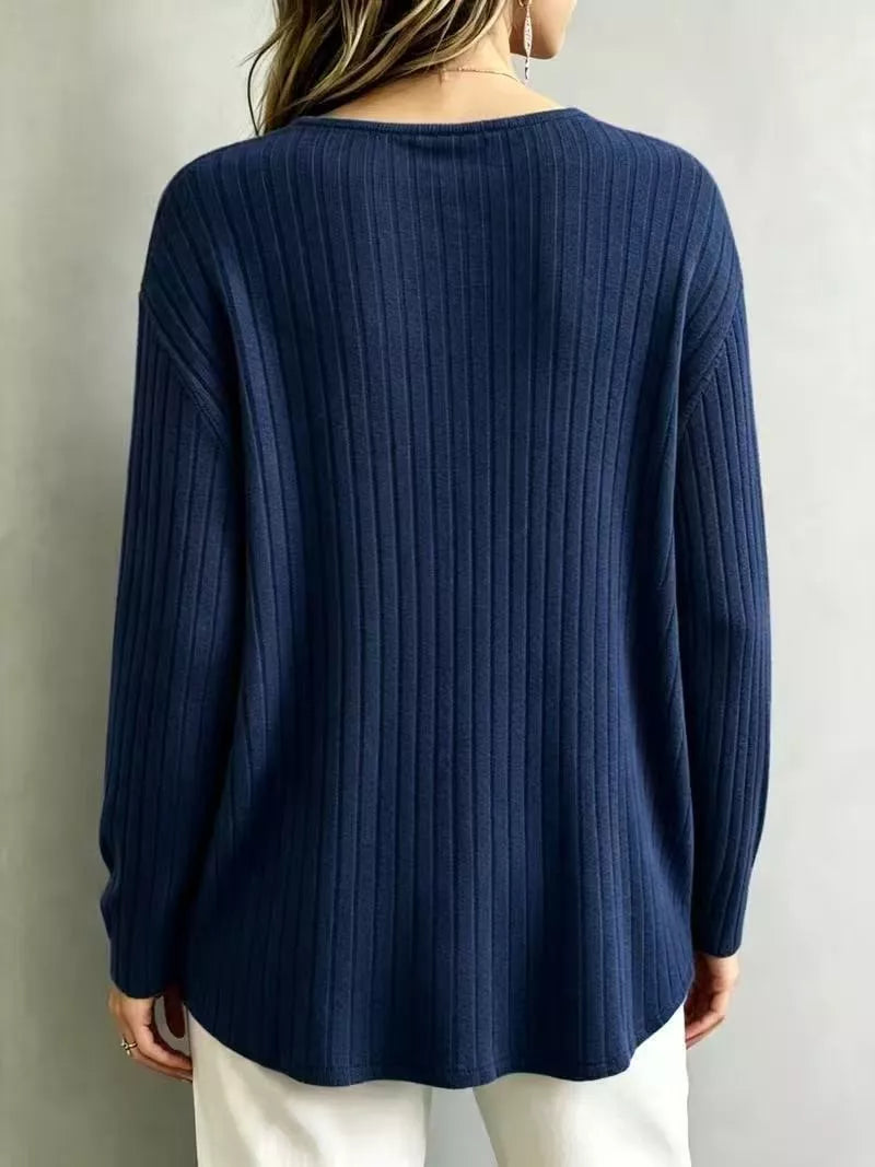 V-Neck Ribbed Long Sleeve T-Shirt