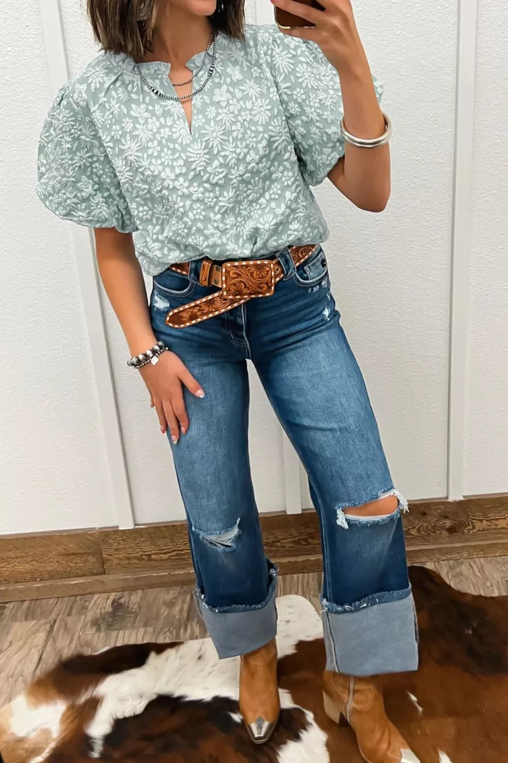 Floral Textured Jacquard Puff Sleeve Blouse