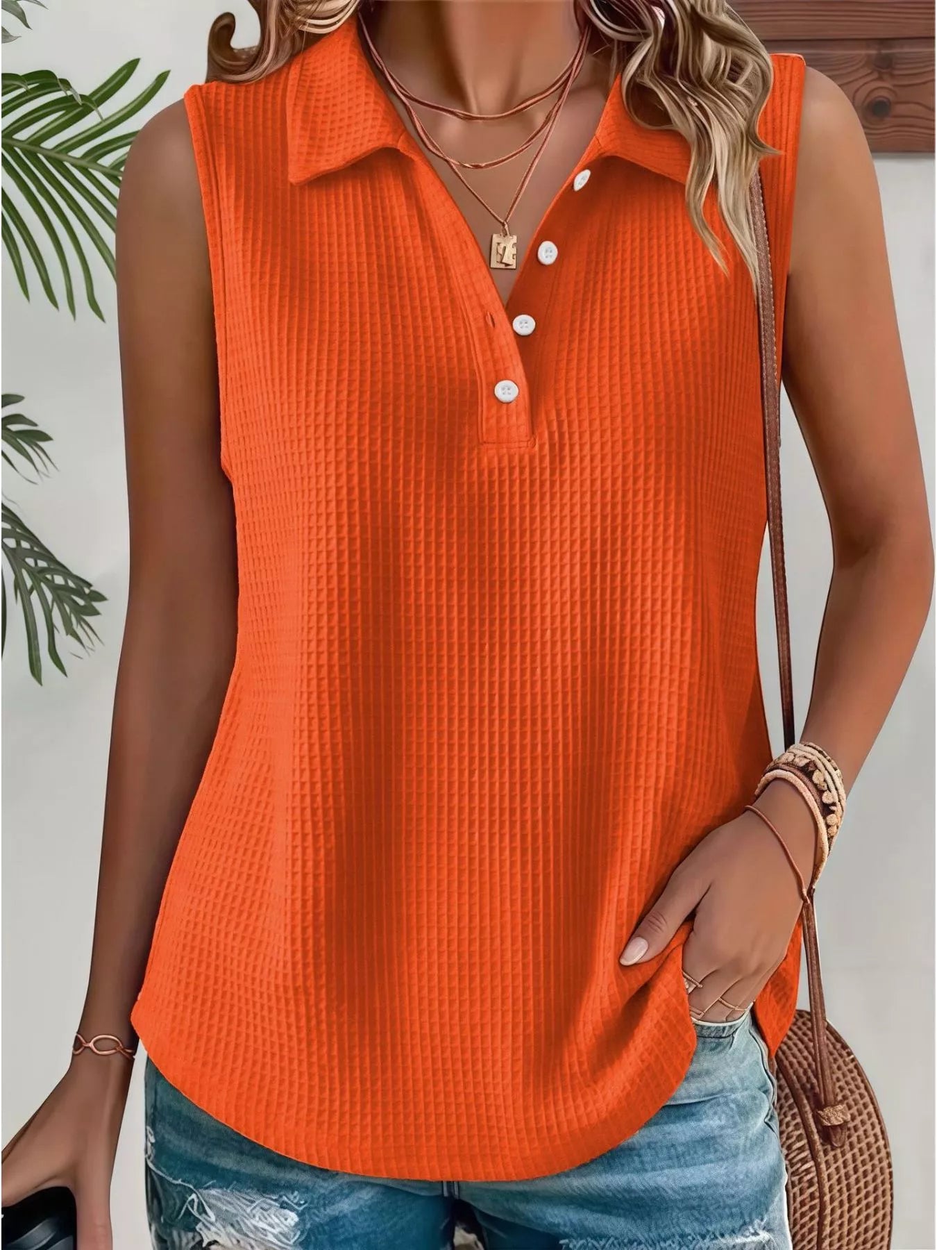 Full Size Waffle Knit Button Detail Sleeveless Top Plus Size