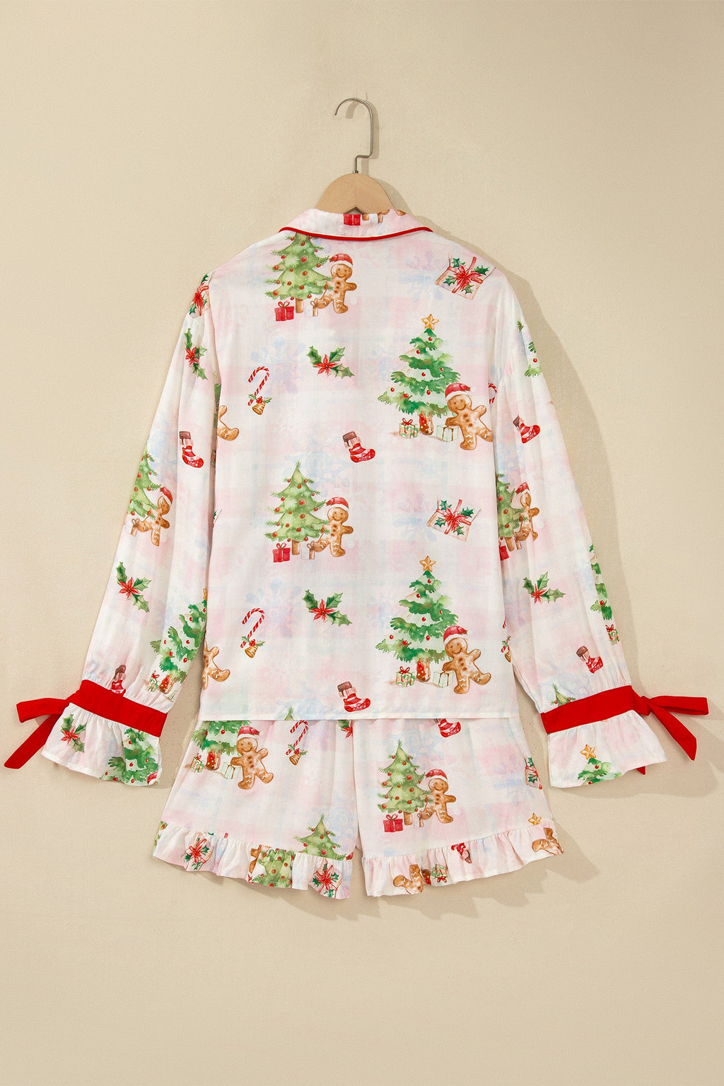 Pink Abstract Christmas Print Long Sleeve Two Piece Shift Lounge Set