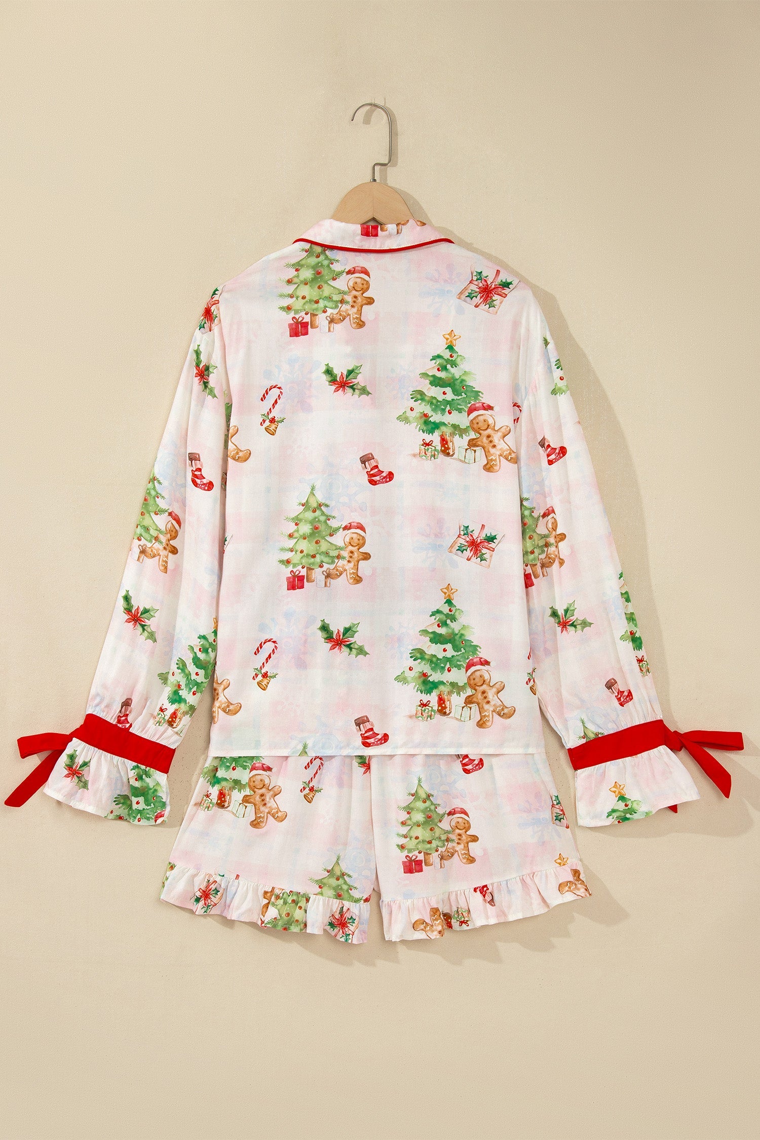 Pink Abstract Christmas Print Long Sleeve Two Piece Shift Lounge Set