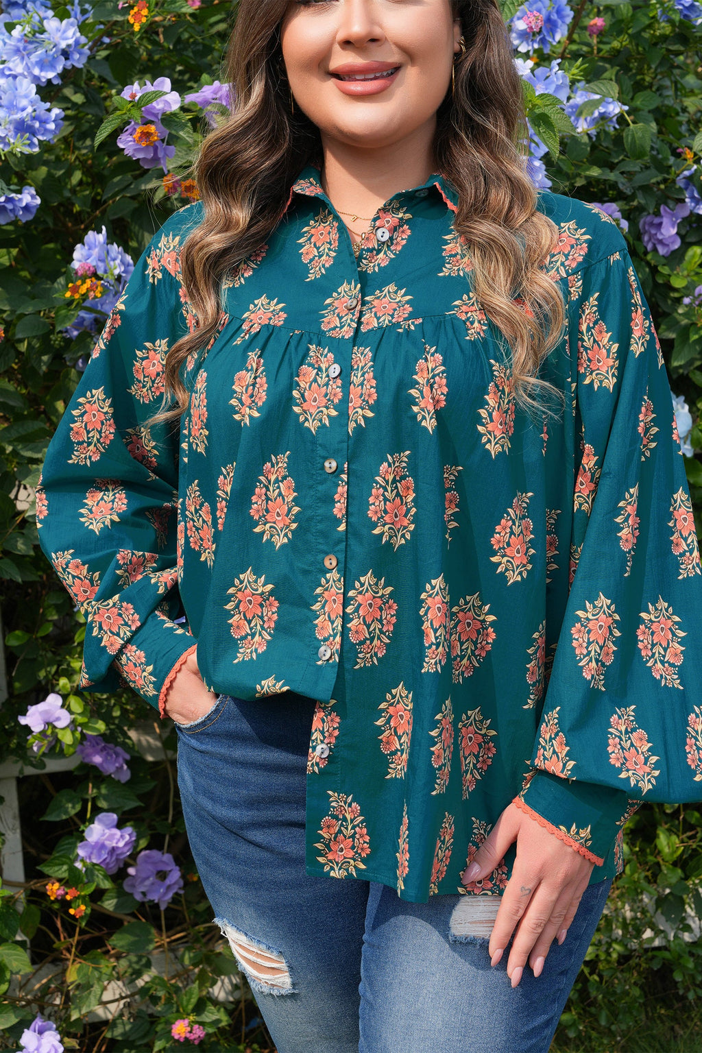 Plus Size Floral Lace Trim Pleated Buttoned Shirt
