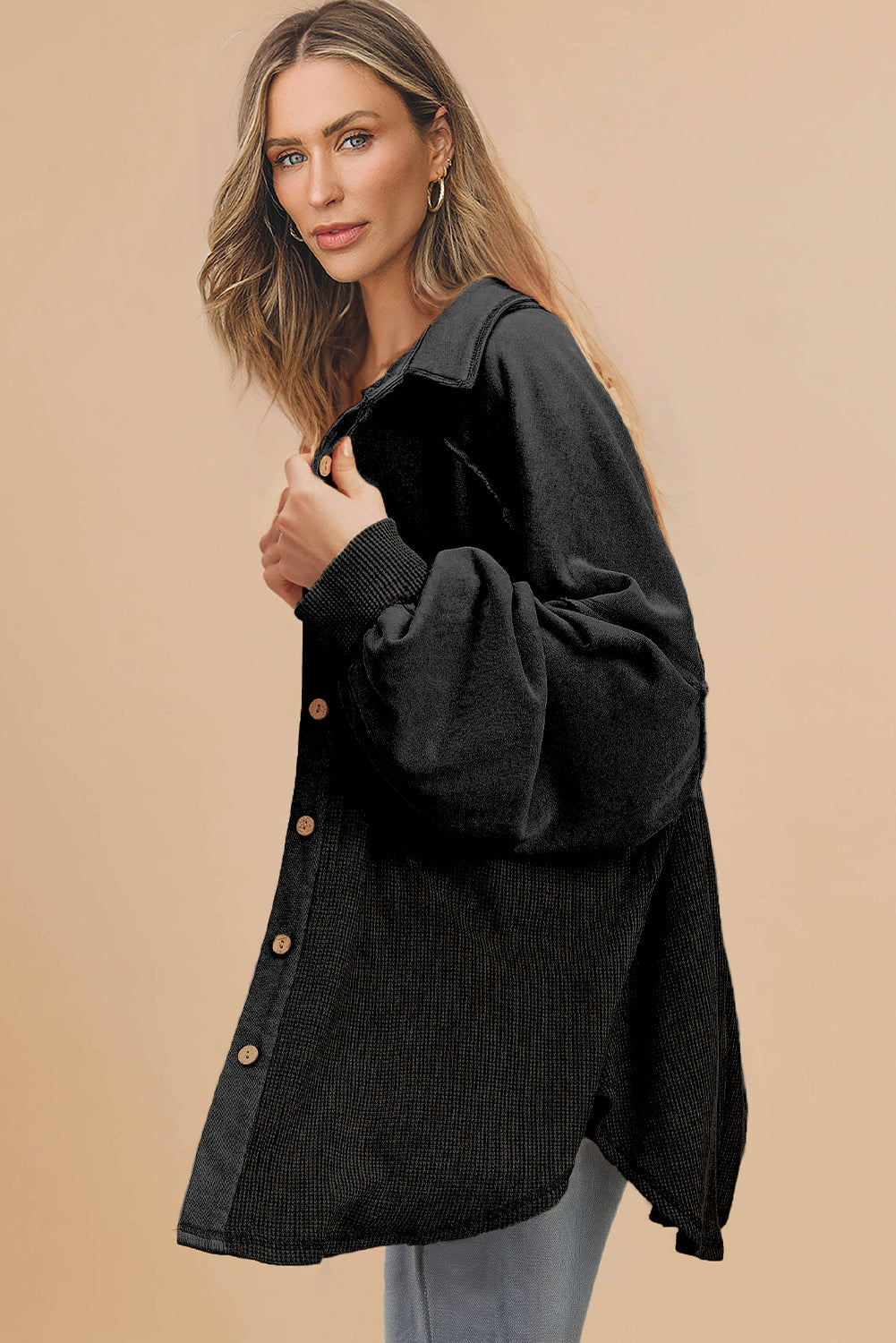 Black Waffle Knit Patchwork Exposed Seam Loose Shacket