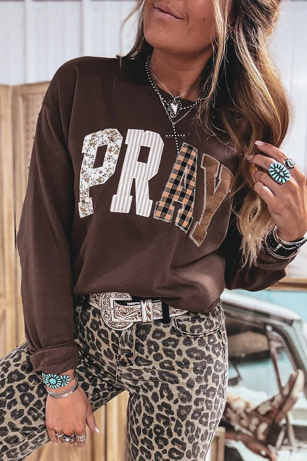Plaid 'PRAY' Crew Neck Sweatshirt