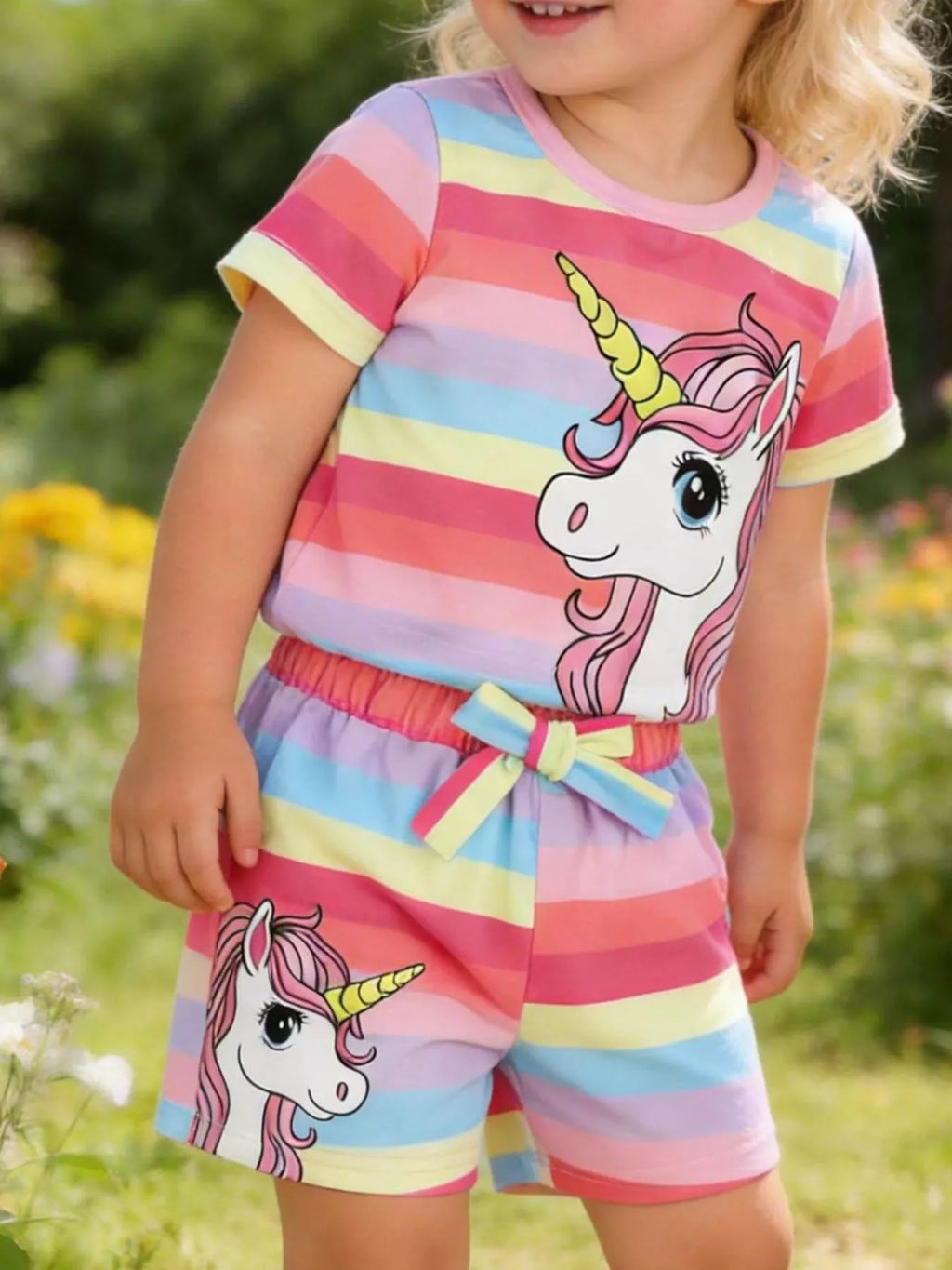 Children's Rainbow Striped Unicorn T-Shirt and Shorts Set