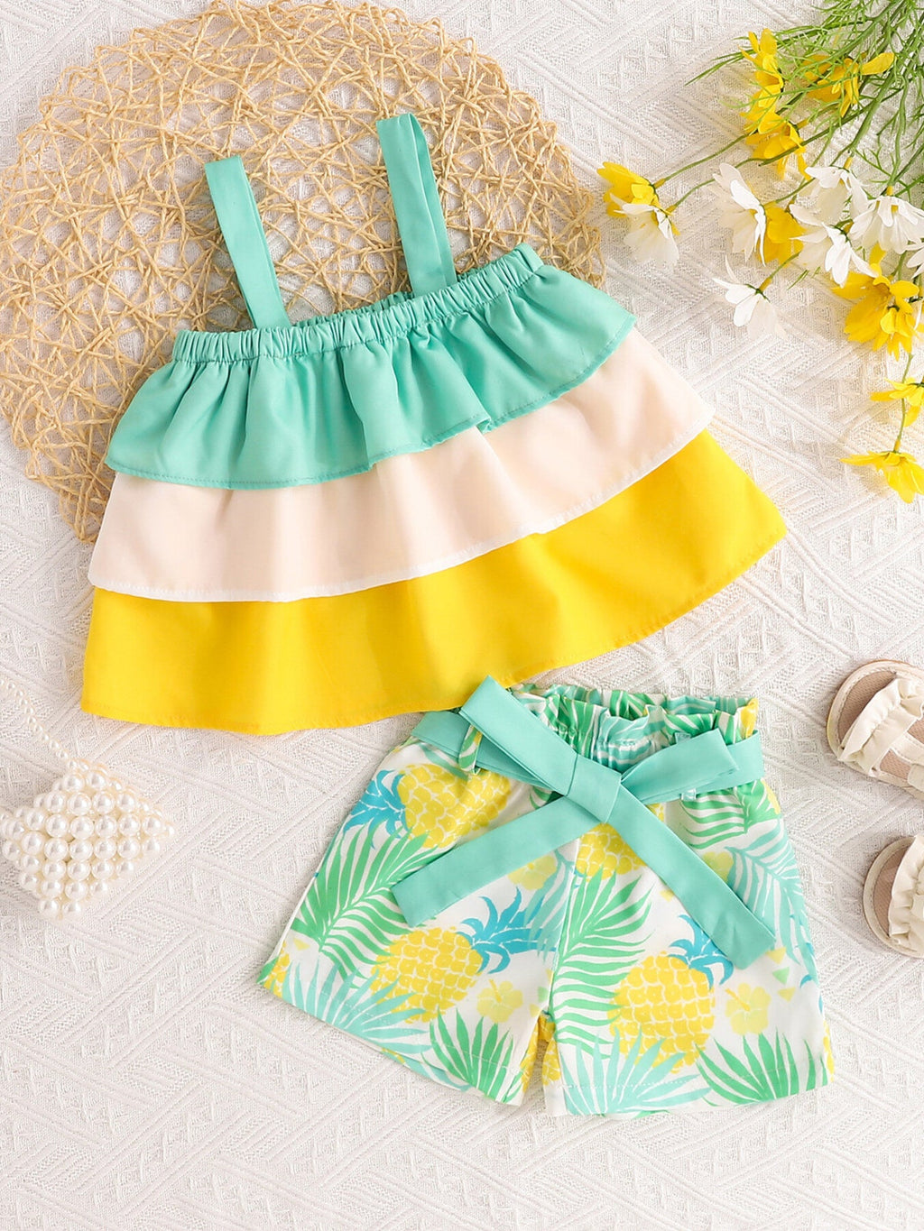 Children's Ruffle Trim Layered Cami Top & Pineapple Print Shorts Set