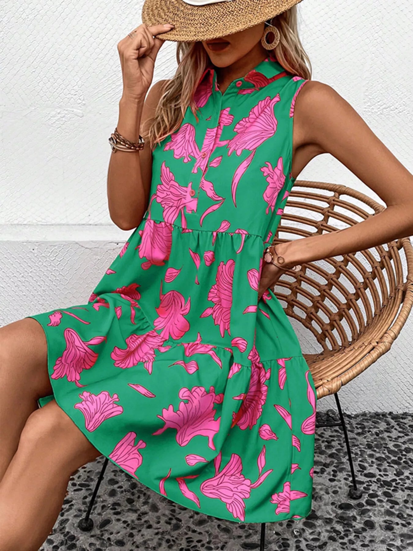 Sleeveless Floral Print Tiered Shirt Dress