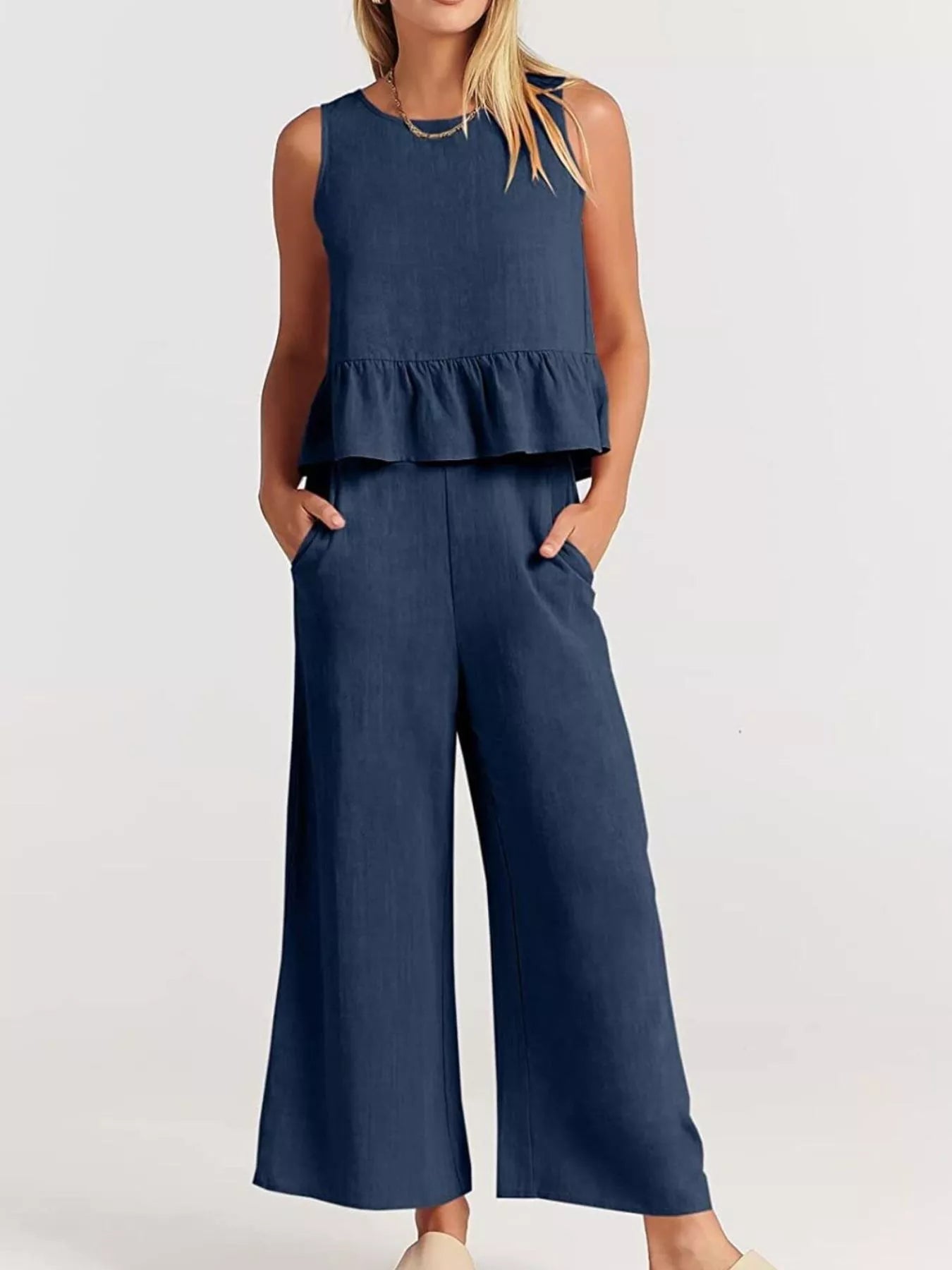 Full Size Ruffled Hem Sleeveless Top and Wide-Leg Pants Set Plus Size