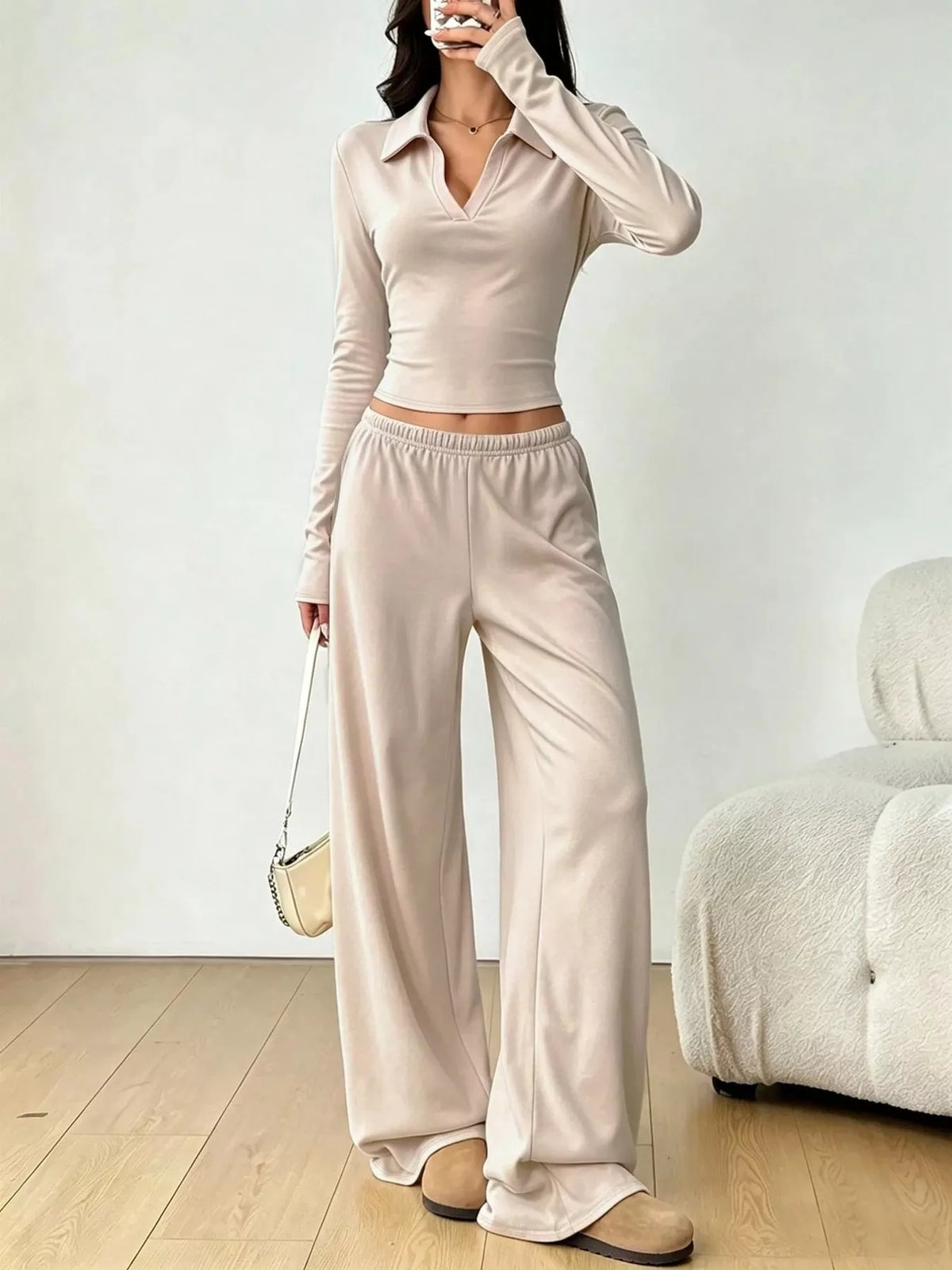 Long-Sleeve Polo Top and Wide-Leg Pants Set