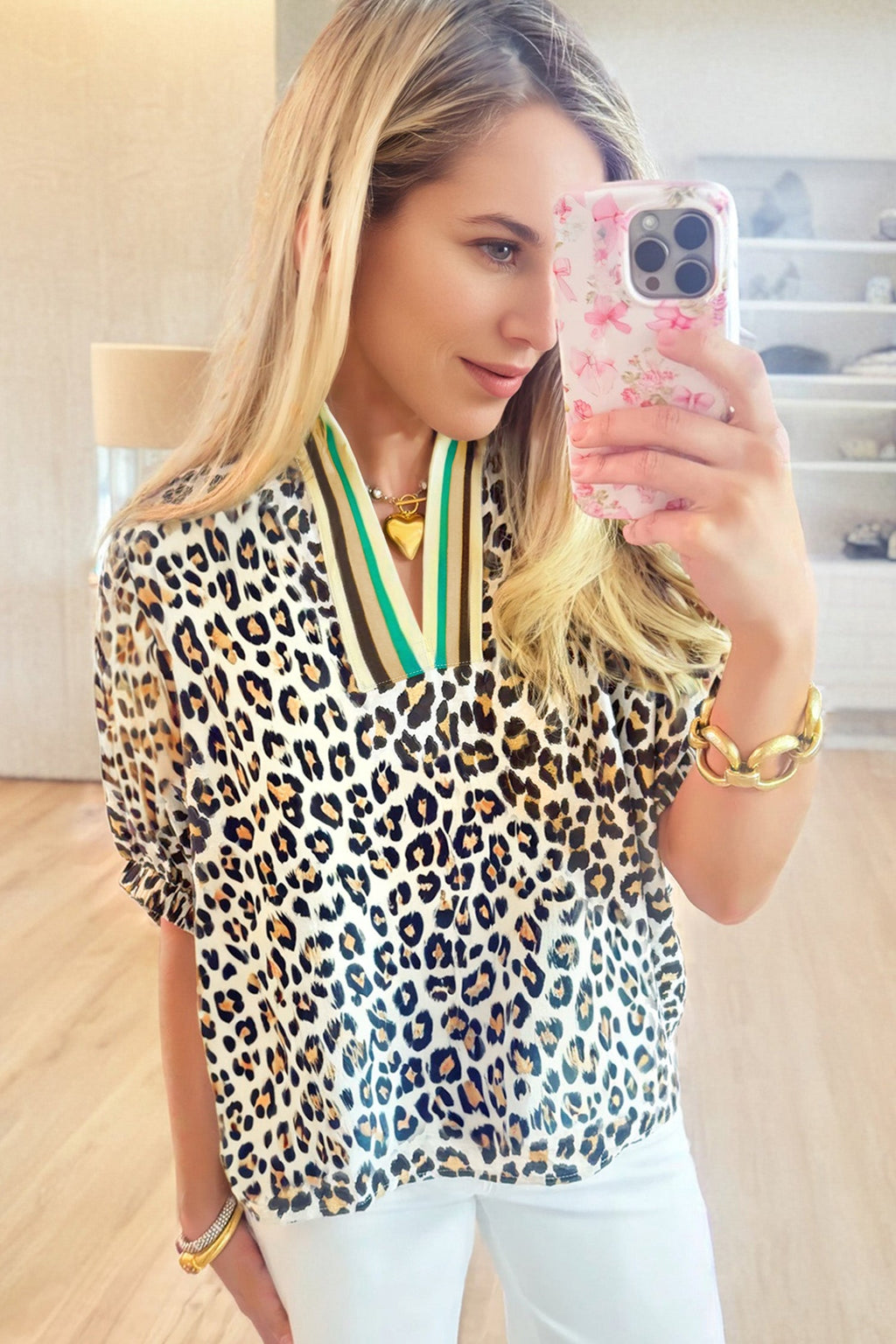 Khaki Leopard Color Block Contrast Striped V Neck Half Sleeve Loose Fit Blouse