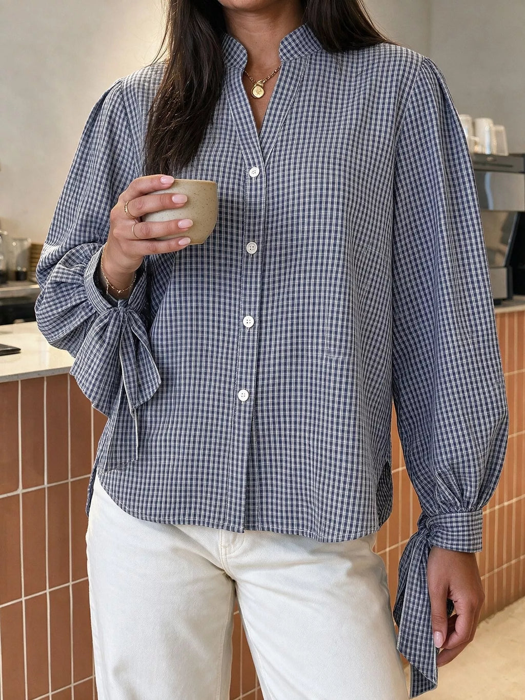 Gingham Button Up Shirt with Tie-Sleeve Detail