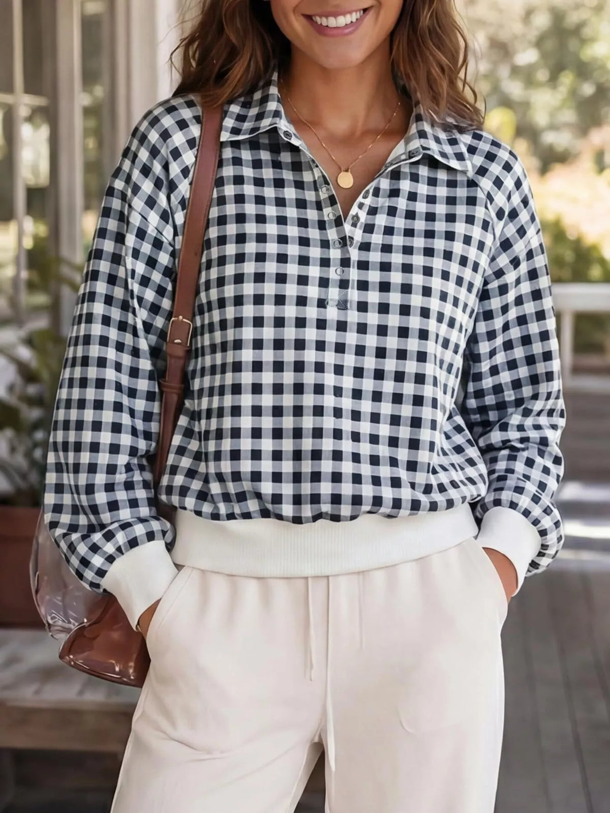 Gingham Plaid Collared Sweatshirt with Ribbed Hem