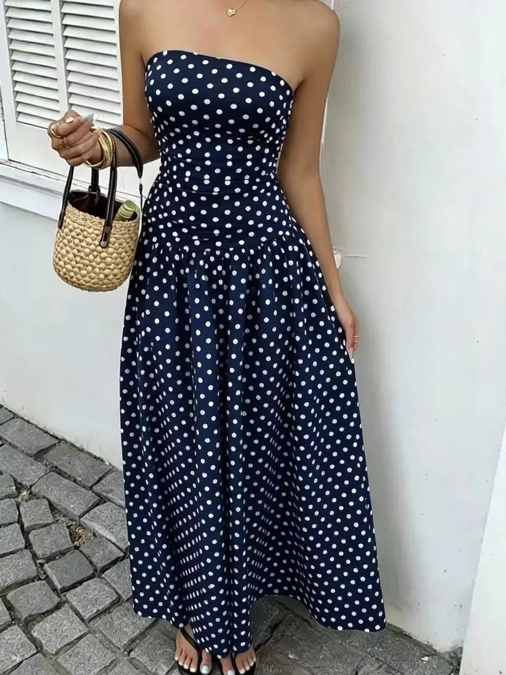 Strapless Polka Dot Ruched Maxi Dress