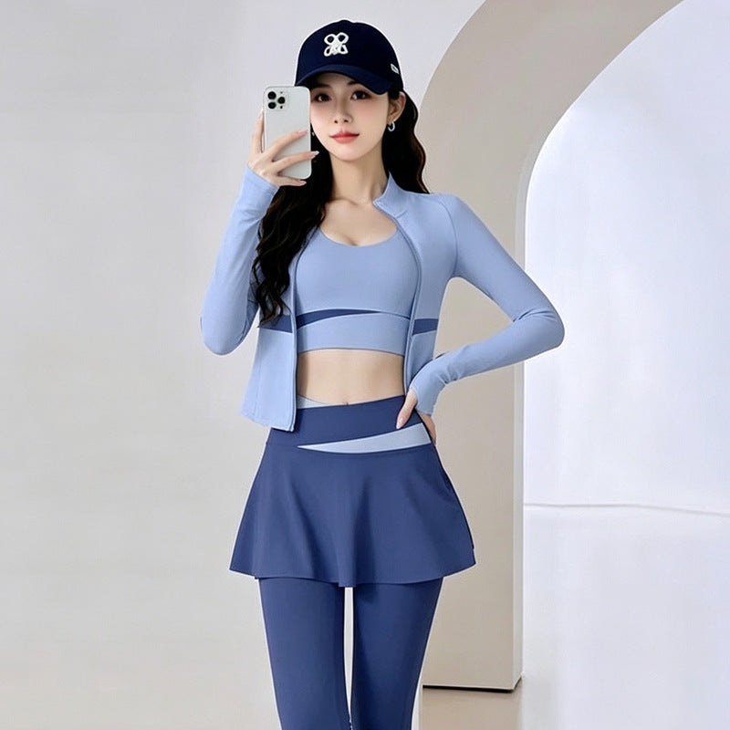 Womens Color-Block Stand-Neck Zipper Yoga Three-Piece Set