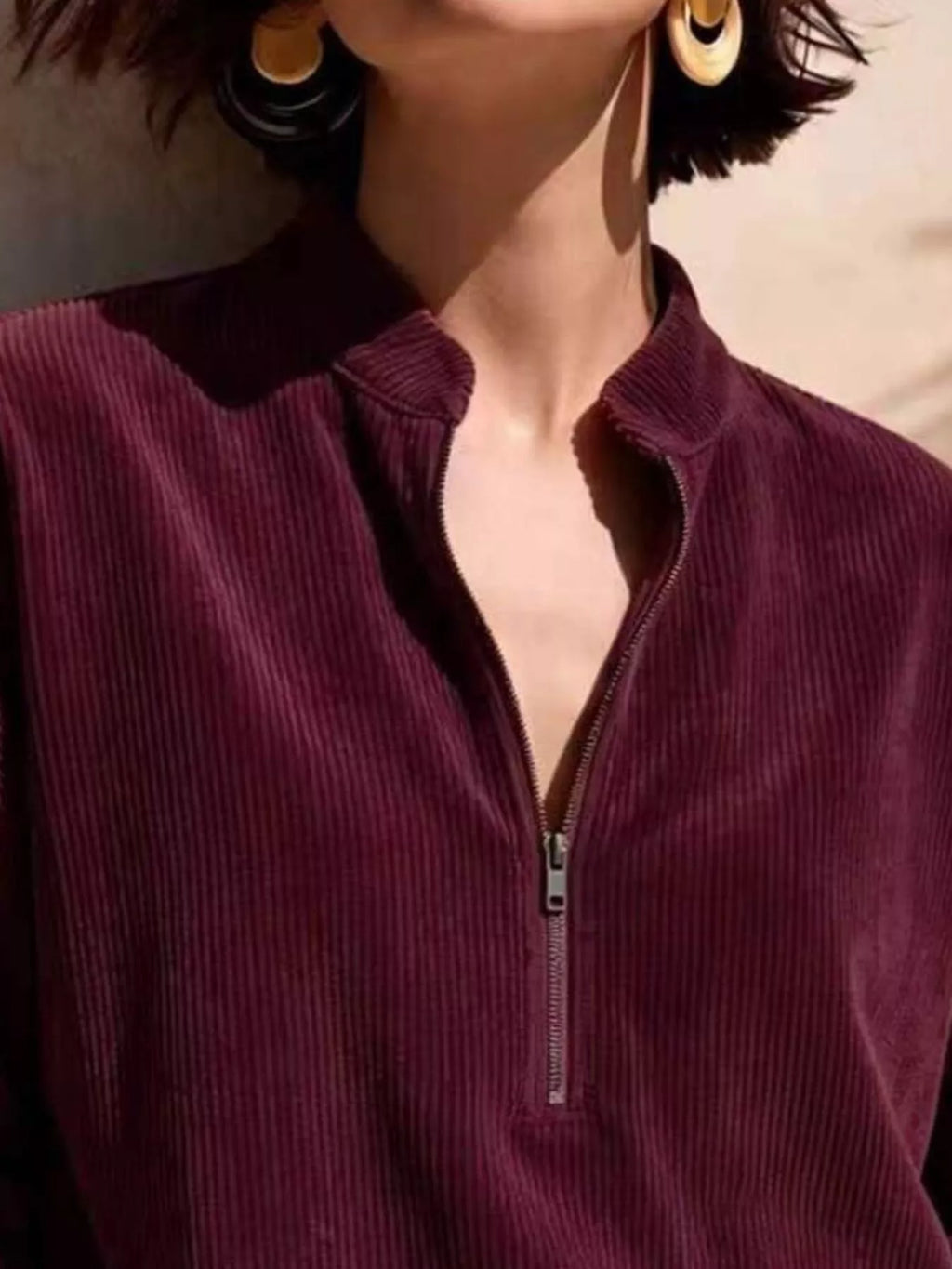 Full Size Half Zip Dropped Shoulder Corduroy Top Plus Size