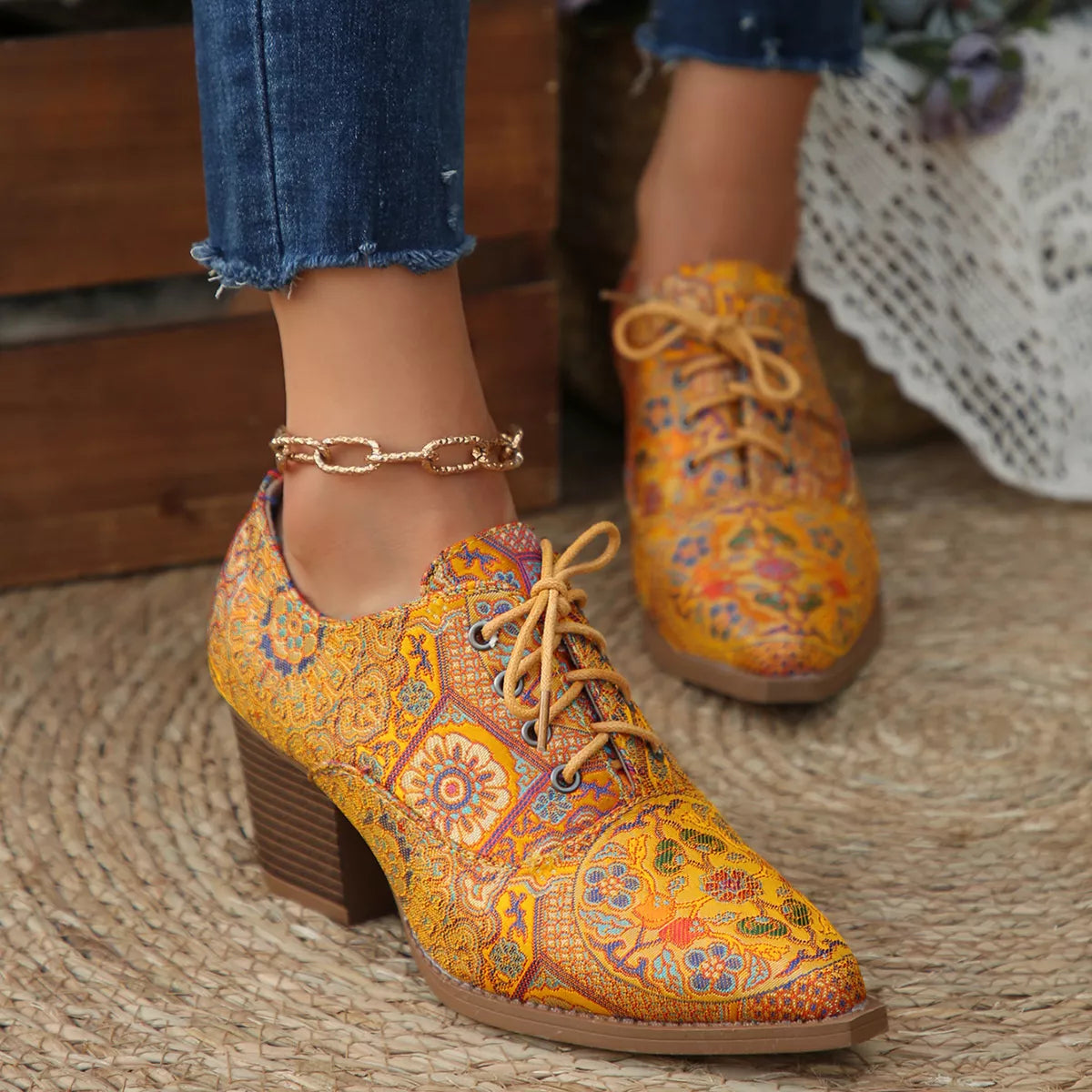 Point Toe Block Heels Ankle Boots