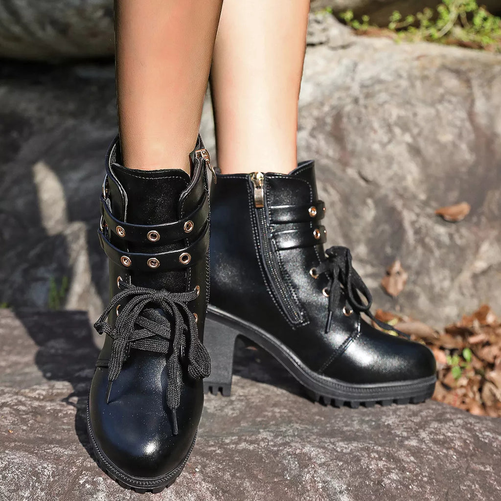 Lace Up Block Heels Boots