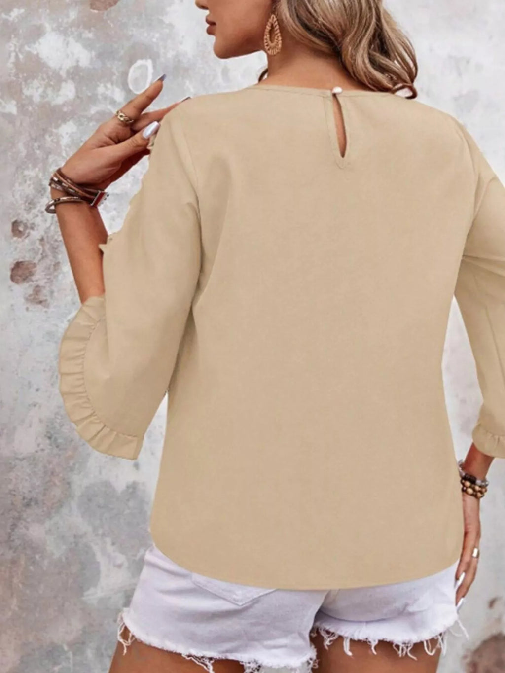 Ruffle Sleeve Solid Color Blouse
