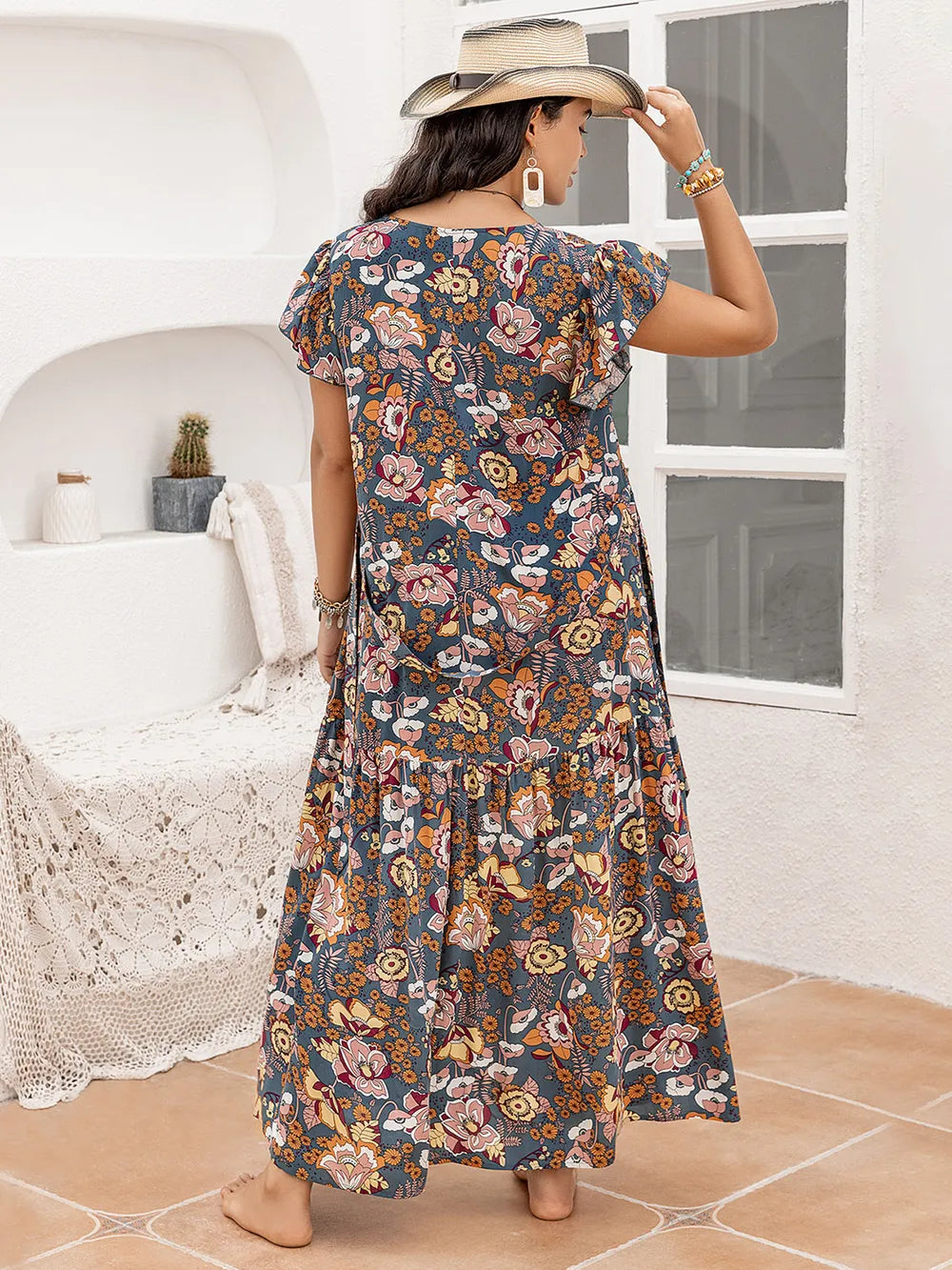 Ruffled Printed Cap Sleeve Dress