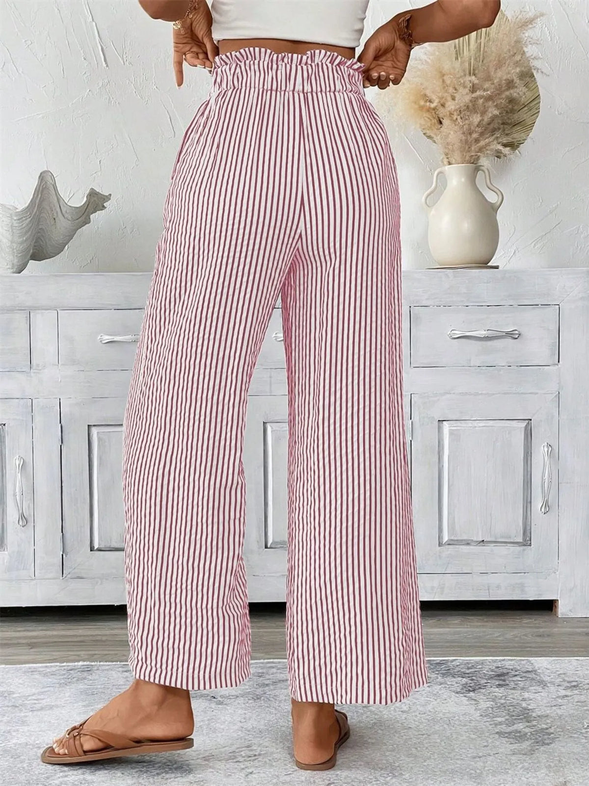 Full Size Striped Wide Leg Paper Bag Pants Plus Size