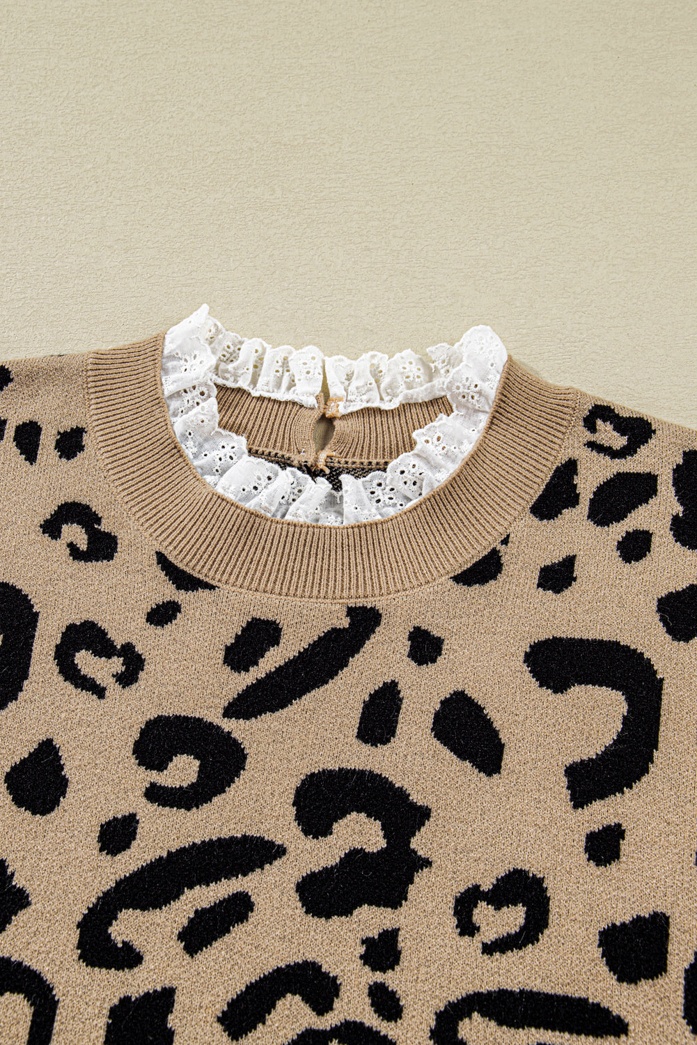 Plus Size Leopard Knit Lacy Trim Long Sleeve Sweater