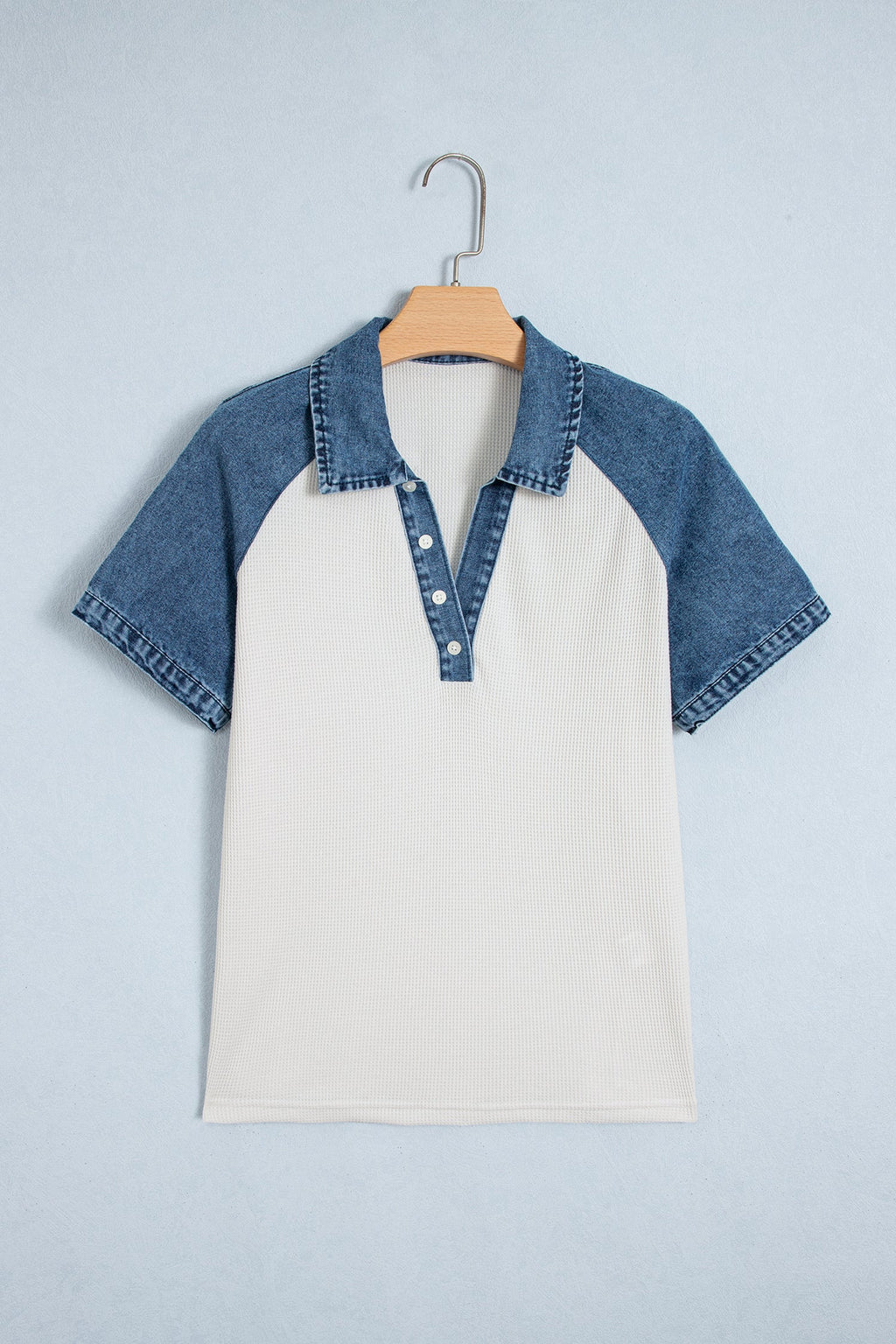 White Textured Color Block Denim Patchwork Polo Collar Tee